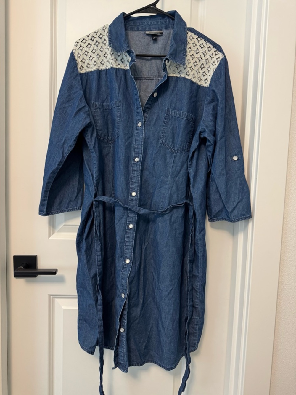 Allison Brittney Denim Blue Shirt Dress with Cream Lace Yoke